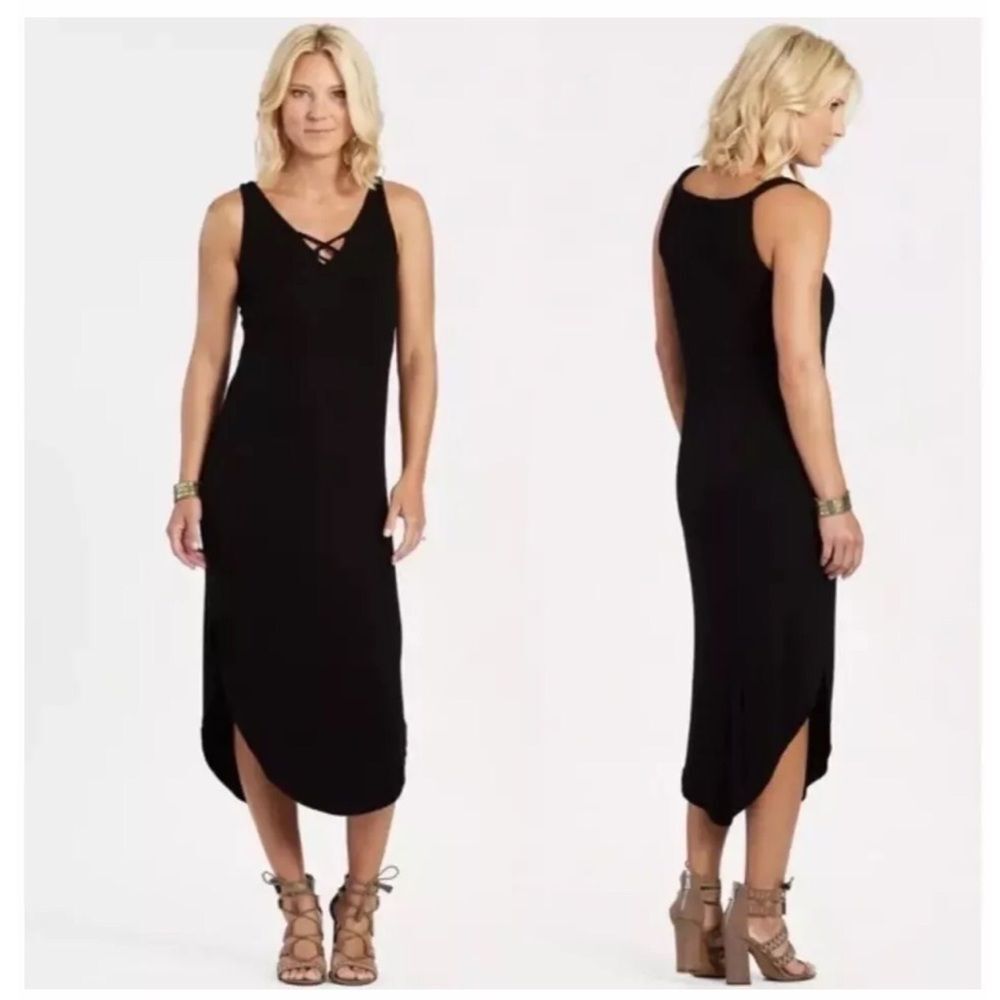 MICHAEL STARS Black Ribbed Midi Tank Dress Sleeveless Reversible Size Medium New